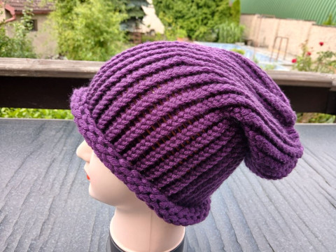 Pletená spadlá čepice 2v1tm.fialová dárek zima žena zimní teplá muž 