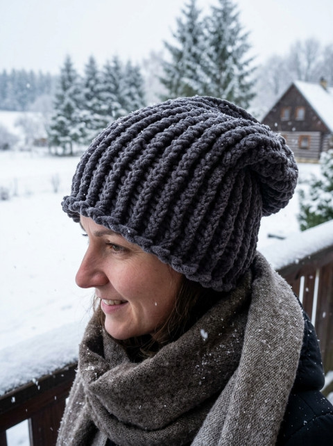 Pletená spadlá čepice (šedá) dárek zima žena zimní teplá muž měkká 