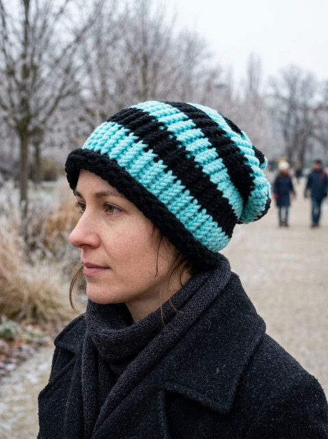 Pletená spadlá čepice(černá+ mentol dárek zima žena zimní teplá muž 