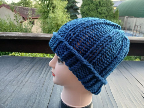 Pletená čepice big modrá - jeansová dárek zima žena zimní teplá muž 