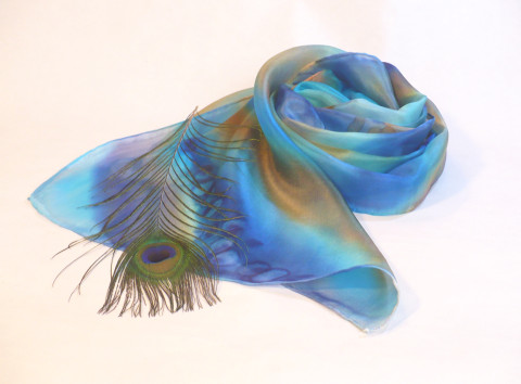 Paví šála. šála tyrkysová hedvábí hedvábná šála dárek pro ženu pestrobarevná šála 