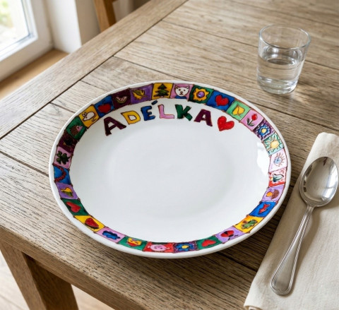 Polévka pro Adélku :-) talíř dětský veselý obrázkový pro děti ručně malovaný se jménem na polévku malovaný porcelán malovaný talíř zk hluboký talíř talíř na polévku pro adélku adélka 