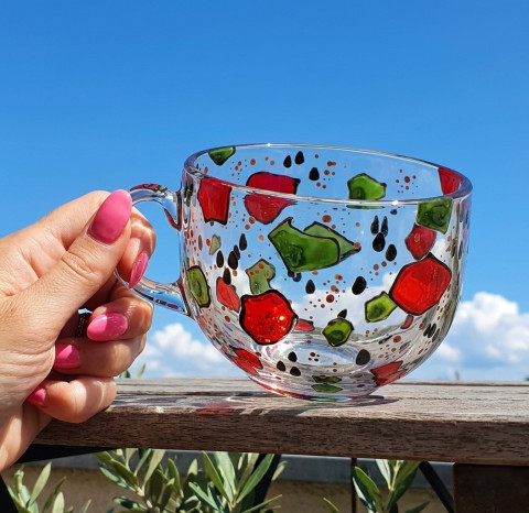 Velký hrnek - Watermelon abstract červená zelená hrnek káva léto meloun výrazný hrníček abstraktní melouny na čaj na kávu velký hrnek skleněný hrnek melounový varné sklo ručně malované sklo malovaný hrnek čiré sklo originální hrnek autorský hrnek watermelone 