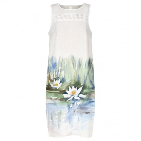 Malované lněné šaty Na hladině voda modrá obraz přírodní len šaty akvarel ručně malované lekníny 