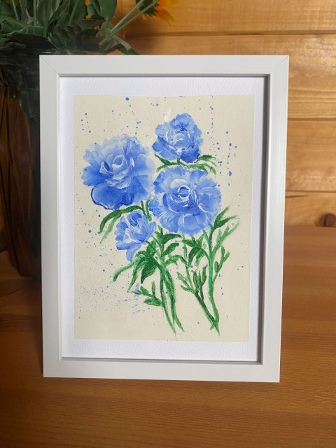 Růže v rámečku modrá bílá květiny přírodní růže obrázek barvy rámeček akrylové na stůl 