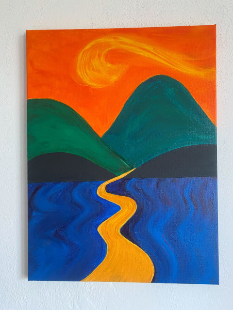 Abstraktní moderní obraz krajiny zelená modrá oranžová malba příroda hory barvy slunce akryl výrazné abstraktní cesta okrová akrylové barvy ručně malovaný malířství obraz na zeď 
