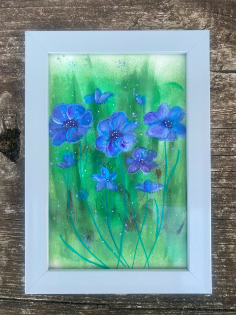 Modré květiny v rámečku modrá bílá květiny přírodní obrázek barvy rámeček akrylové na stůl 