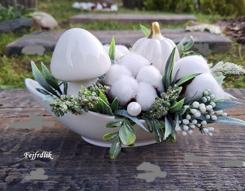 porcelánová podzimní elegance.. dekorace podzim dýně elegantní bílé miska luxusní podzimní lesklé houba aranžmá 