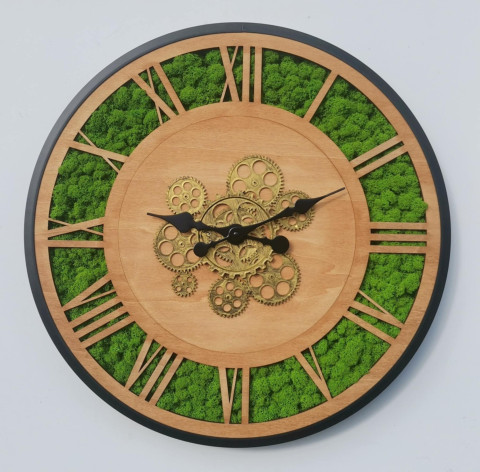 Mechové hodiny, 55 cm dekorace zelené nástěnné mechové hodiny sobí mech 