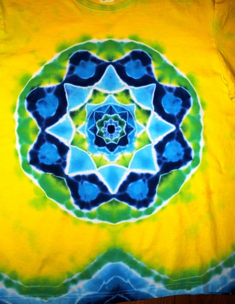 Batik.tričko  - Ledové království zelená žlutá mandala hippie batikované 