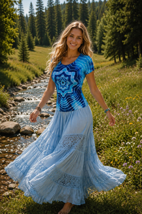 Batikované tričko S -Na nočním nebi modrá hvězda nebe noc obloha mandala hippie hvězdička boho batika batikované 