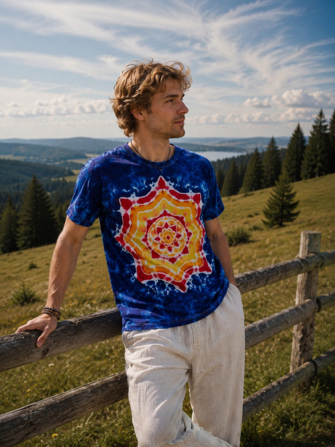 Batik.tričko XL - Hvězdné nebe modrá hvězda nebe noc obloha mandala hippie hvězdička boho batika batikované 