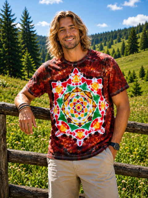 Batikované tričko XL - Energie Gaii oranžová batika hnědá žlutá léto lesní les mandala hippie batikované boho 