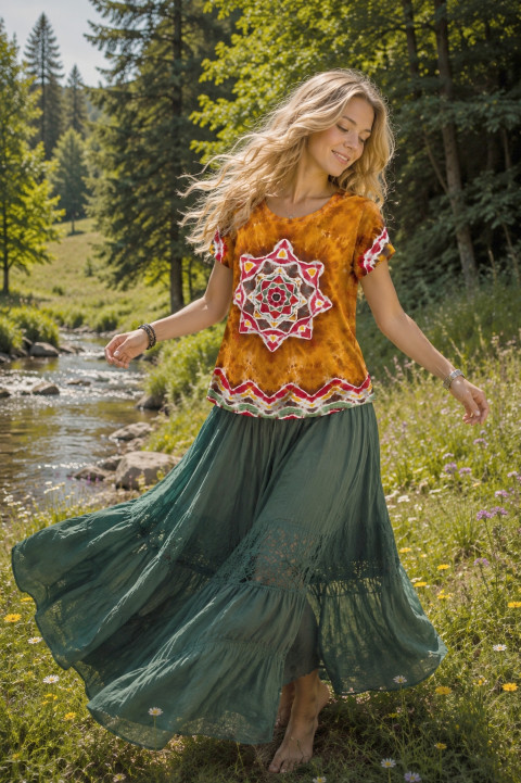 Batik. tričko M - V zemi Indiánů oranžová batika léto mandala okrová hippies země batikované 