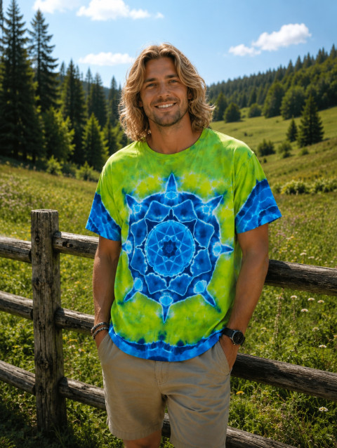 Batik. tričko XL - Sněhová vločka moře sníh modrá žlutá léto led mandala hippie batikované bohémské 