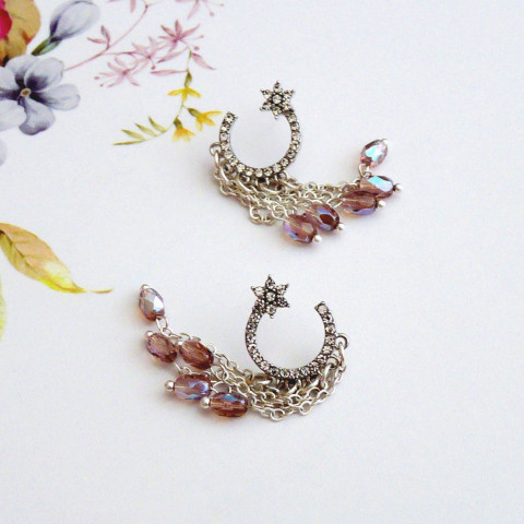 Náušnice - stříbrný půlměsíc náušnice romantické jemné svatební originál společenské zirkony puzetky puzetka večerní puzety puzeta delší drobné třpytivé handmade půlměsíc řetízkové broušené korálky napichovací půvabné 