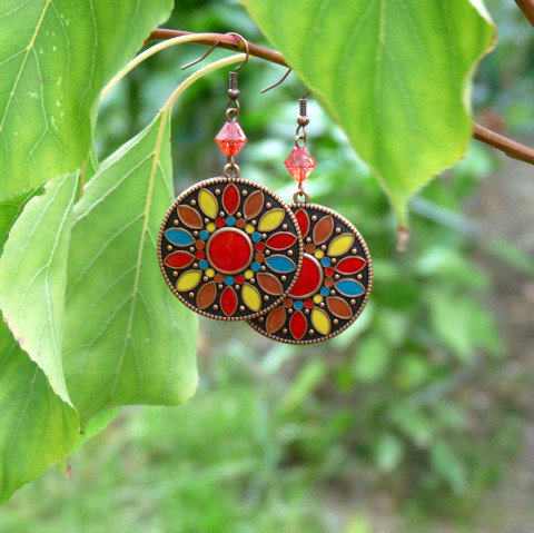 Náušnice - červená mozaika červené náušnice oheň extravagantní slunce kolo originál rudá mozaika nápadné velké handmade nepřehlédnutelné žhavé mozaikové 