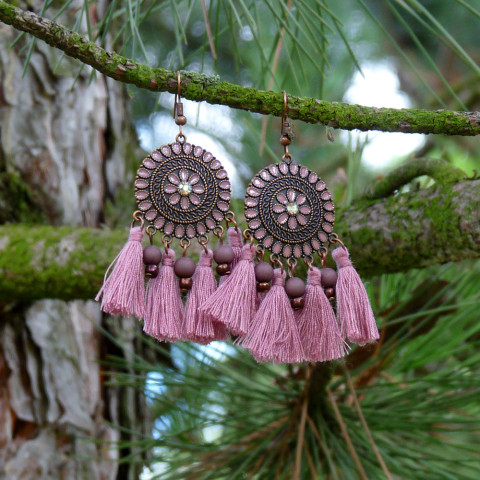 Náušnice - v barvě vřesu náušnice dívčí extravagantní etno střapečky střapaté měděné ethno vřes nepřehlédnutelné indiánské léto střapce etnické vřesové 