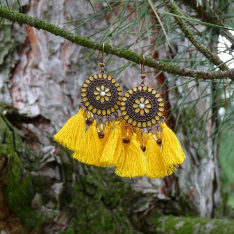 Náušnice - sluníčkové náušnice dívčí extravagantní sluníčko etno střapečky střapaté žluté měděné ethno sluníčkové nepřehlédnutelné indiánské léto střapce etnické 