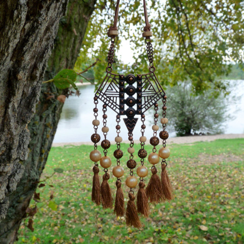 Náhrdelník - ve větru náhrdelník závěs perly originál dlouhý měděný střapečky antialergický hypoalergenní bohatý handmade měd dřevěné korálky indiánské léto střapce střapečkový kožená šnůrka 