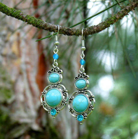 Náušnice - lesní tůňky (tyrkenit) originální náušnice dívčí přírodní vintage romantické modré lesní zirkony starobylé kabošon minerály zirkon tyrkenit třpytivé kabošony etnické jezírka tůňky 