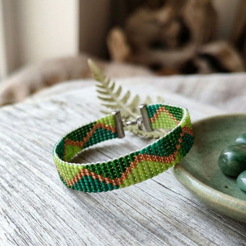 Náramek - paví píseň náramek zelená modrá šití přírodní šité šitý miyuki rokajl paví romantický páv handmade cikcak atraktivní širší 