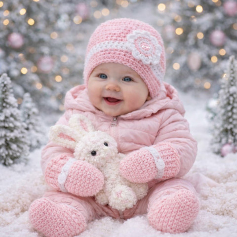 Zimní holčičí děti zima růžová čepička holčička holčičí bílá miminko souprava zimní háčkované botičky handmade set bačkůrky capáčky rukavičky 