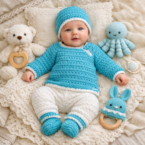 Čepička + svetřík + botičky děti čepička bílá klučičí svetr miminko souprava tyrkysová háčkované kluk svetřík kabátek botičky unisex celoroční handmade set capáčky novorozenec newborn pro klukyí 