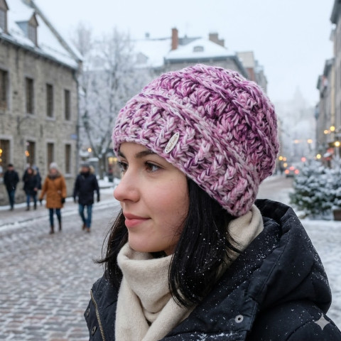 Čepice, hučka zima fialová růžová čepice háčkovaná ženy bílá dámská extravagantní zimní akryl merino čepka handmade rustikální ležérní crochet homeless dívky spadlá slouchy 