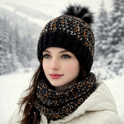 Čepice + nákrčník zima oranžová čepice bílá černá šála souprava zimní háčkované akryl teplá nákrčník handmade set hřejivá na krk hučka debilka 