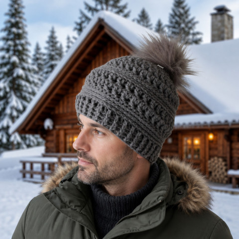 Čepice zima čepice háčkovaná šedá dámská zimní akryl teplá unisex pánská bambule handmade pro muže pokrývka hlavy pro ženy tmavá šedá 