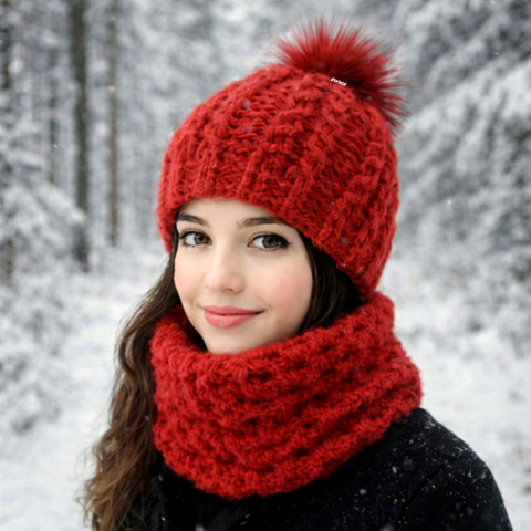 Čepice + nákrčník červená zima čepice šála souprava zimní háčkované akryl vlna hřejivé nákrčník čepka bambule set cihlová lehoučké na krk crochet polyamid shawl winter pompom beanie 