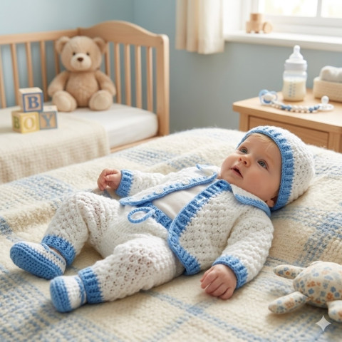 Souprava děti modrá čepička bílá klučičí miminko souprava háčkované akryl kalhoty kluk svetřík kabátek handmade kalhotky mimi ewwa 