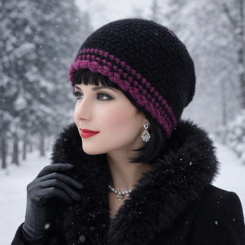 Čepice čepice háčkovaná černá dámská zimní akryl vlna mohér handmade purpurová hřejivá polyamid lehoučká 