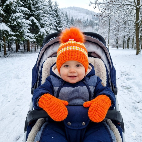 Čepička + rukavičky kulich děti zima oranžová čepice bílá žlutá souprava zimní háčkované akryl rukavice kulíšek unisex handmade set rukavičky 