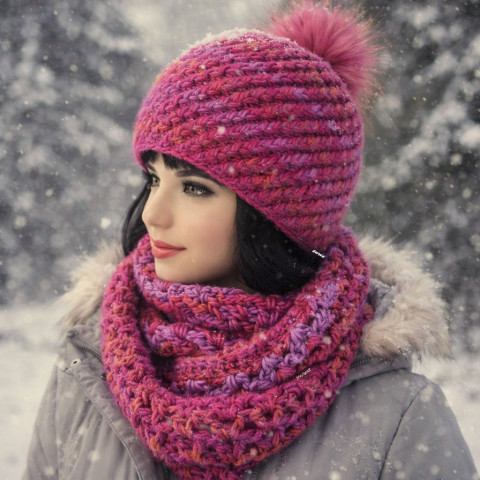 Čepice + nákrčník kulich fialová růžová čepice souprava dámský háčkované akryl dívka nákrčník bambule handmade set oranž na krk tunel pro ženy teenager teens 