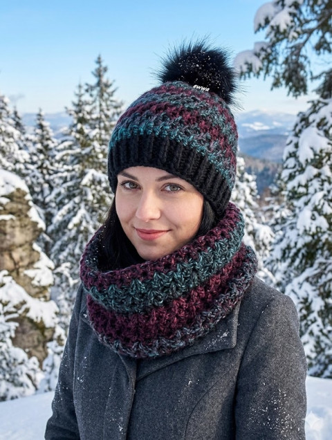 Čepice + nákrčník kulich čepice černá souprava dámský tyrkysová háčkované akryl dívka vínová nákrčník bambule handmade set na krk tunel pro ženy teenager teens 