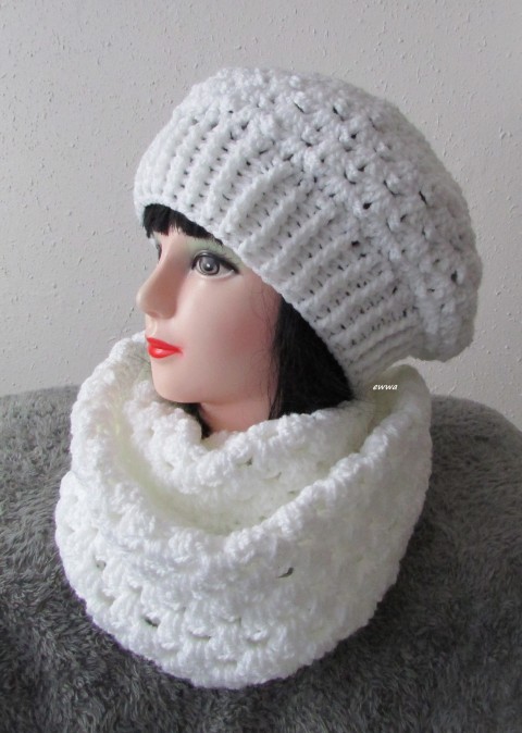 Háčkovaný baret + nákrčník zima čepice bílá háčkování šála souprava zimní háčkované akryl baret nákrčník set tunel crochet sněhově bílá 