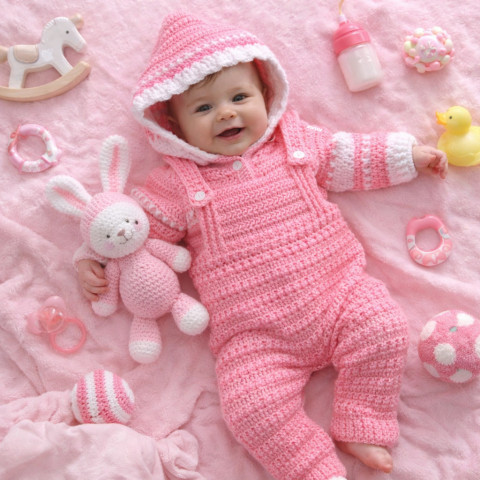 Svetřík s kapucí + kalhoty s laclem děti růžová holčička holčičí bílá miminko souprava háčkované akryl kalhoty kabátek kapuce handmade ewwa svetřík s kapucí kalhoty s laclem 