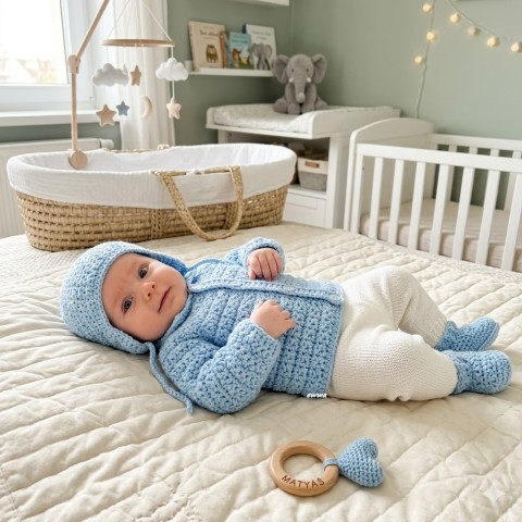 Souprava děti zima modrá čepice čepička svetr miminko souprava zimní háčkované svetřík kabátek světlemodrá botičky ušanka newborn nebesky modrá capáčky novorozenec 0-4měsíce 