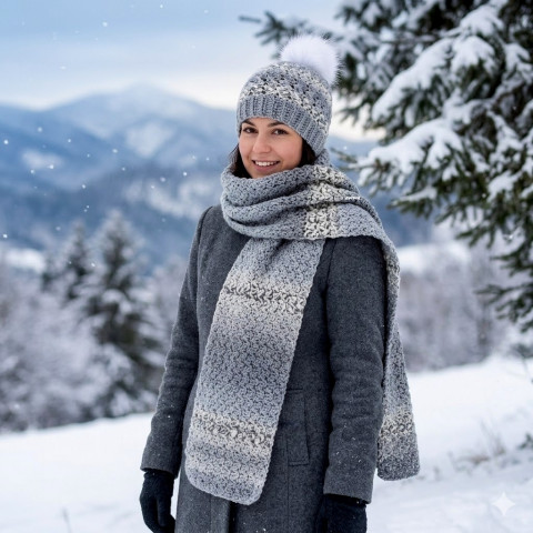 Čepice + dlouhá šála čepice bílá šála šedá souprava dámská zimní háčkované akryl hřejivé bambule handmade set světlešedá tmavěšedá ewwa 