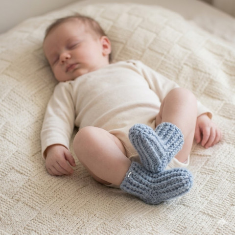 Dětské ponožky (0 - 3 měs.) děti modrá zimní háčkované akryl ponožky hřejivé kluk celoroční šedomodrá mimi crochet klučičí miminko 