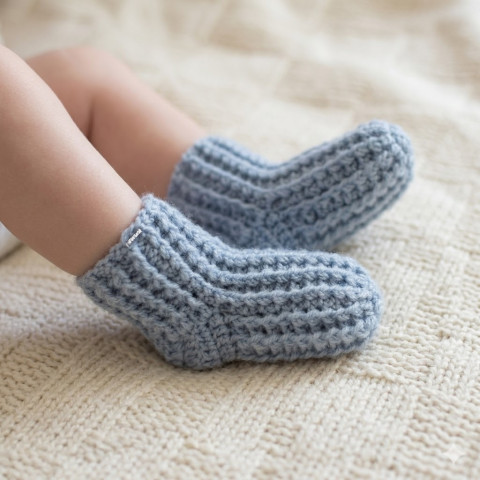 Dětské ponožky (12 - 18 měs.) děti modrá klučičí zimní háčkované akryl ponožky hřejivé kluk celoroční šedomodrá mimi crochet 