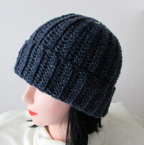 Čepice unisex zima modrá velká čepice háčkovaná pružná zimní akryl unisex hřejivá crochet debilka melange 