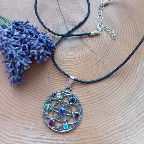 Náhrdelník čakrový květ života náhrdelník stříbrný kamínky barevná barvy kůže kulaté kulatý čakry čakrový květ života skleněné kamínky 