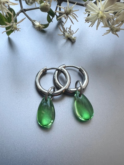 Zelené slzičkové náušnice - S.Steel kruh kapka nerez ocel slza skleněná slzička steel 