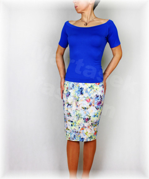 Sukně  vz. 506 modrá jarní letní květy bílá sukně úpletová úplet barevná svatba léto tyrkysová podzimní vínová petrolejová pestrobarevná áčková pouzdrová 