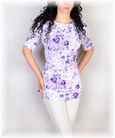 Triko vz.784 SLEVA z 799 kč fialová letní květy bílá triko růže vzor dovolená 