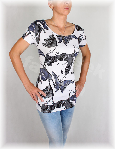 Triko vz.294 SLEVA z 666 kč halenka motýl květy bílá černá triko vzor antracit 