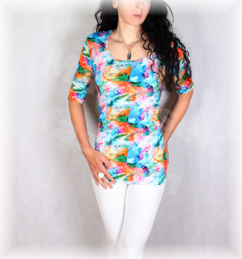 Triko vz.728 SLEVA ze 799 kč modrá oranžová jarní letní květy bílá triko úpletová léto tyrkysová pestobarevné 